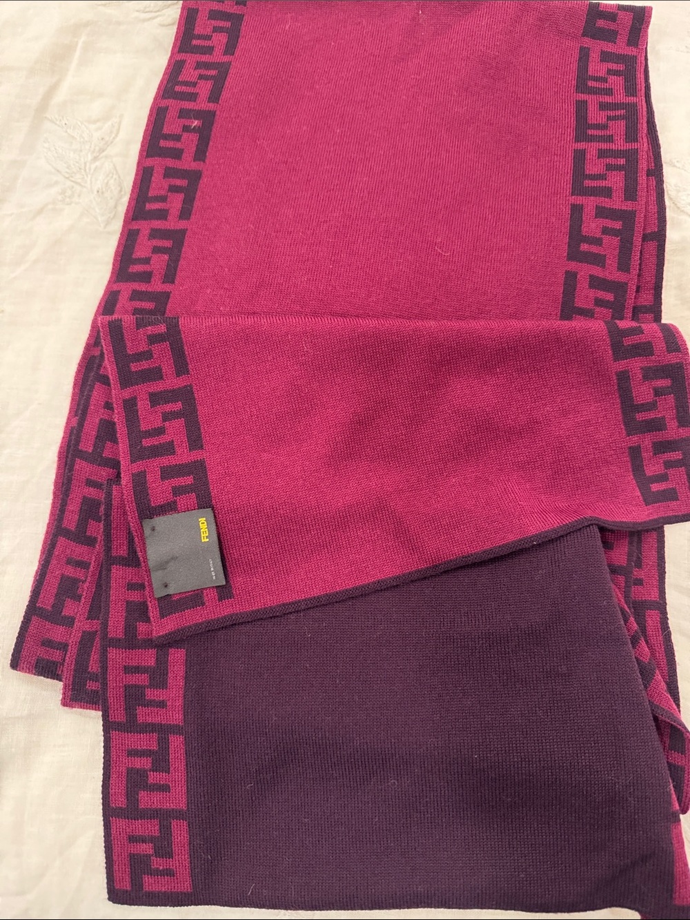 Fendi Two-Tone FF-Trim Knit Scarf in Magenta & Plum